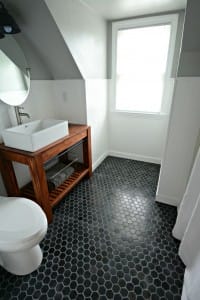 Small, Inexpensive Bath Reveal {beadboard, farmhouse,black hex tile floor, sherwin williams argos, diy vanity}