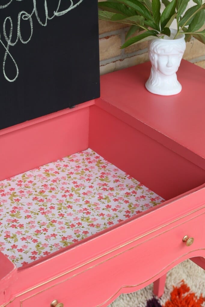 inside of coral vanity- vintage contact paper