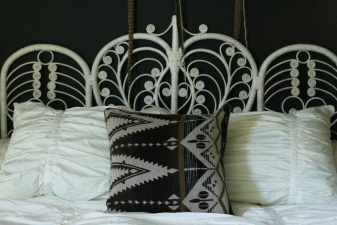 vintage white peacock headboard with crane and canopy bedding