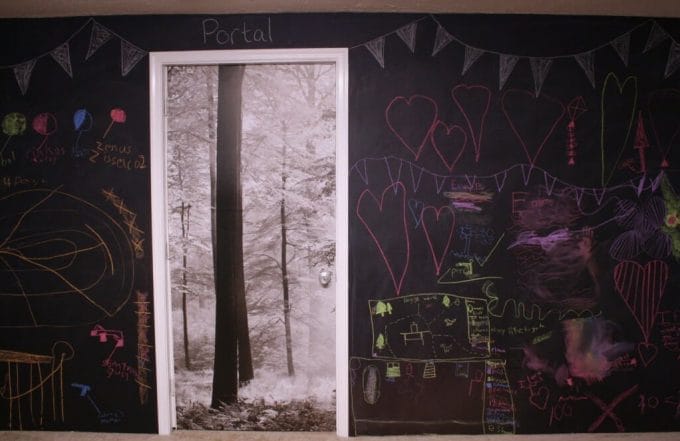 chalkboard wall and forest mural in playroom