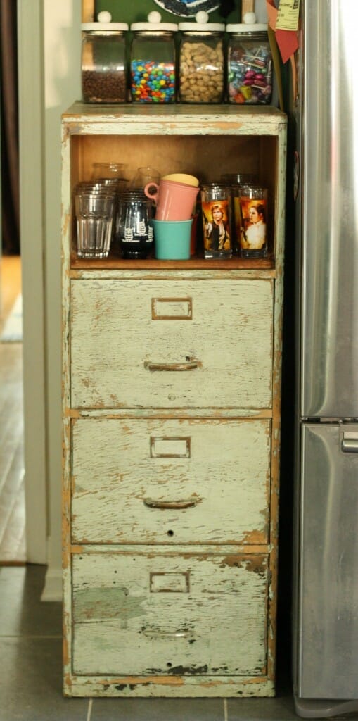 vintage filing cabinet as kitchen storage