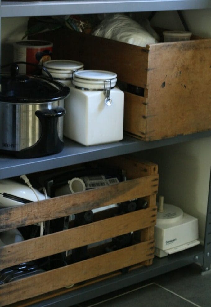 industrial shelf and crates for storage in kitchen
