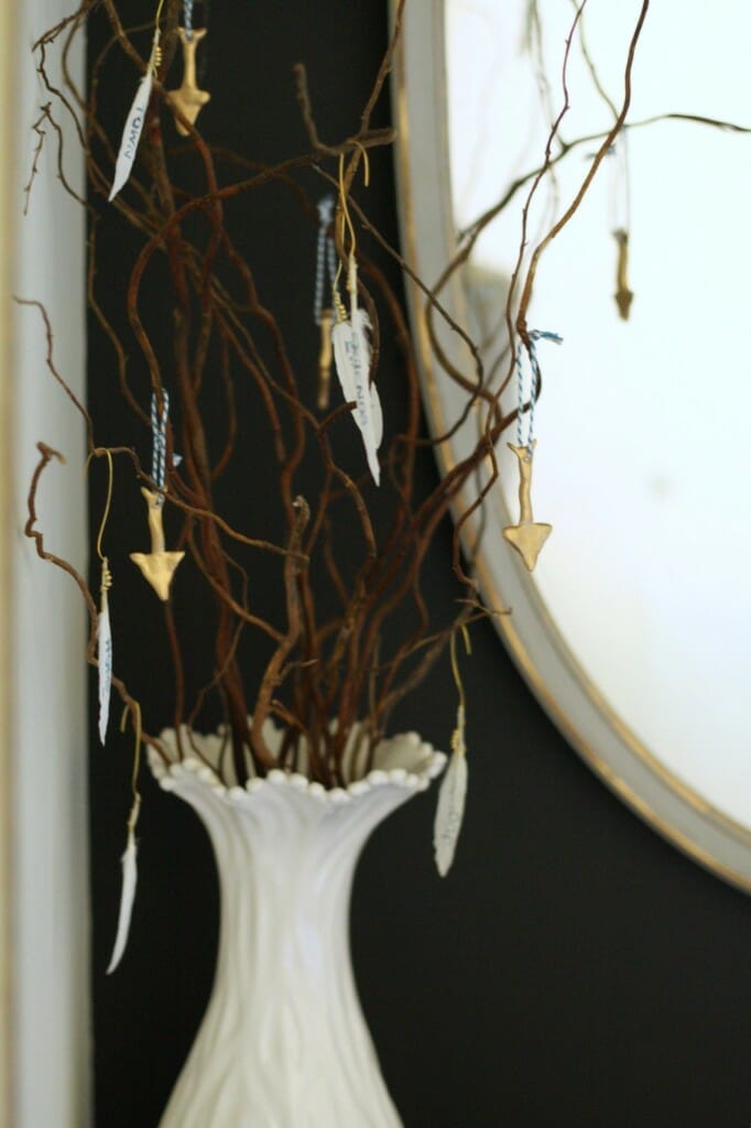 thankful tree with feathers and gold clay arrows
