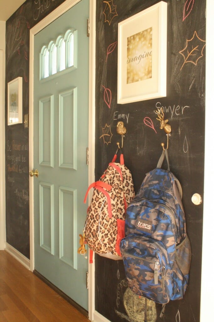 chalkboard entry hall wall decorated for fall