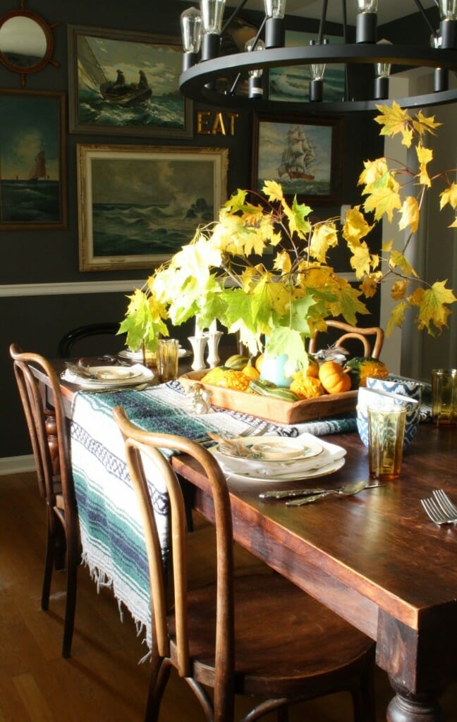 bohemian style thanksgiving table- using a mexican blanket as runner, natural touches