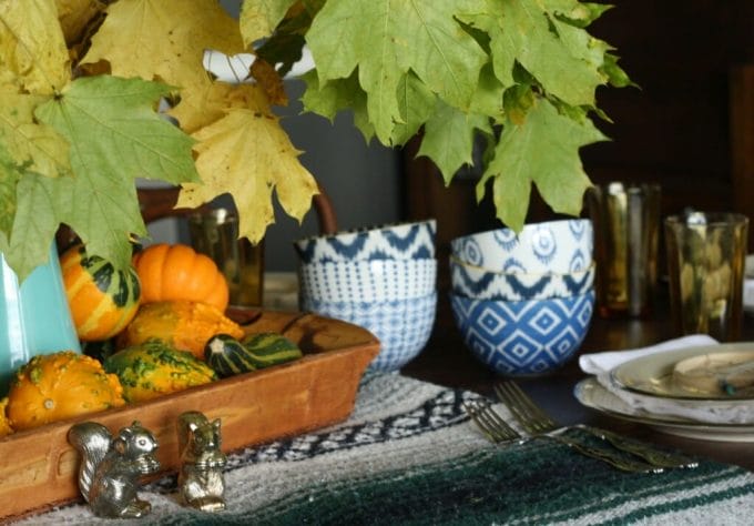 thanksgiving table with blues, natural touches, bohemian