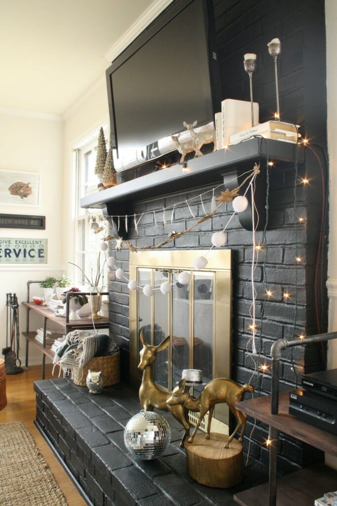 black, white, and sparkling holiday mantle