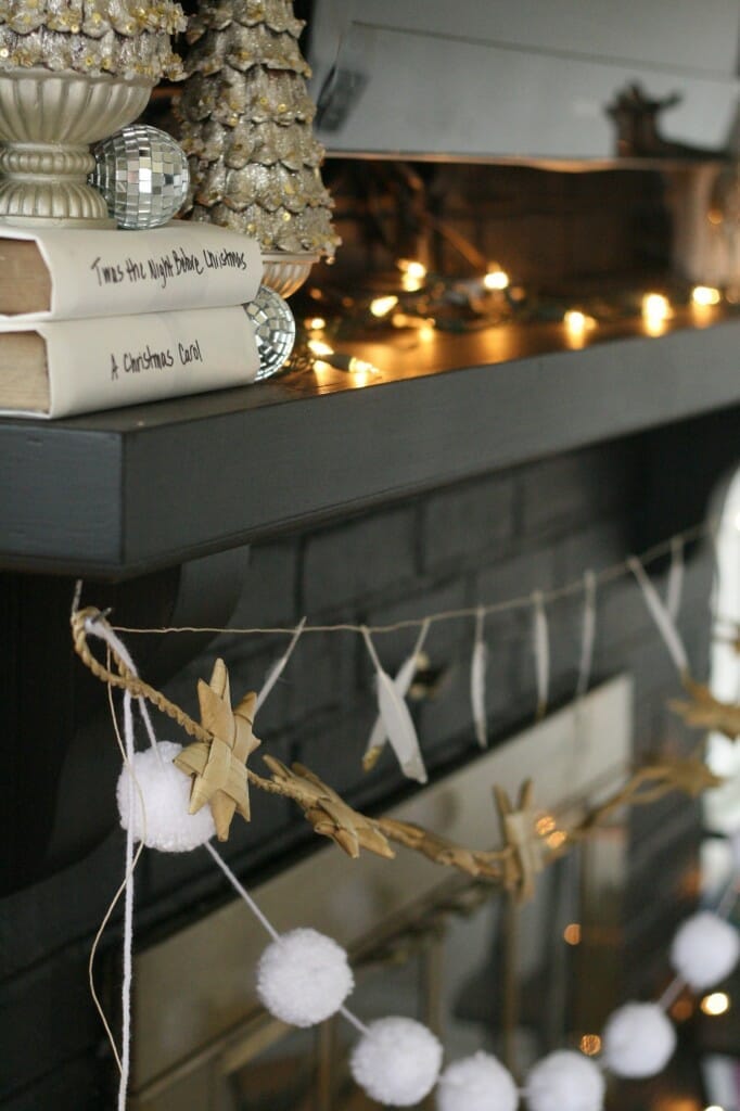 black white and sparkling holiday mantle
