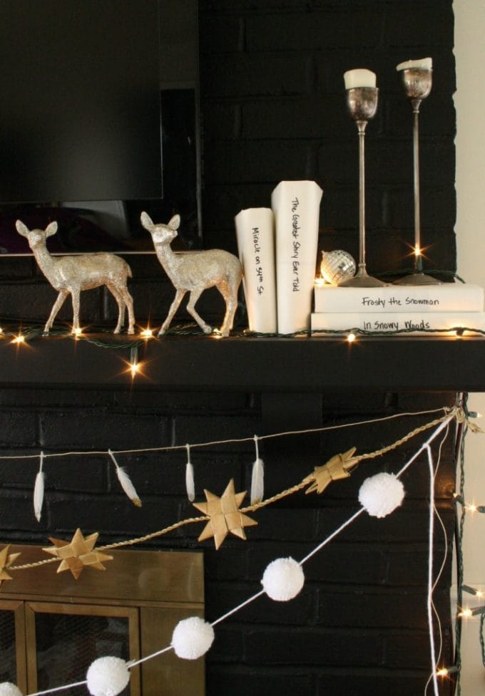black, white, and sparkling holiday mantle