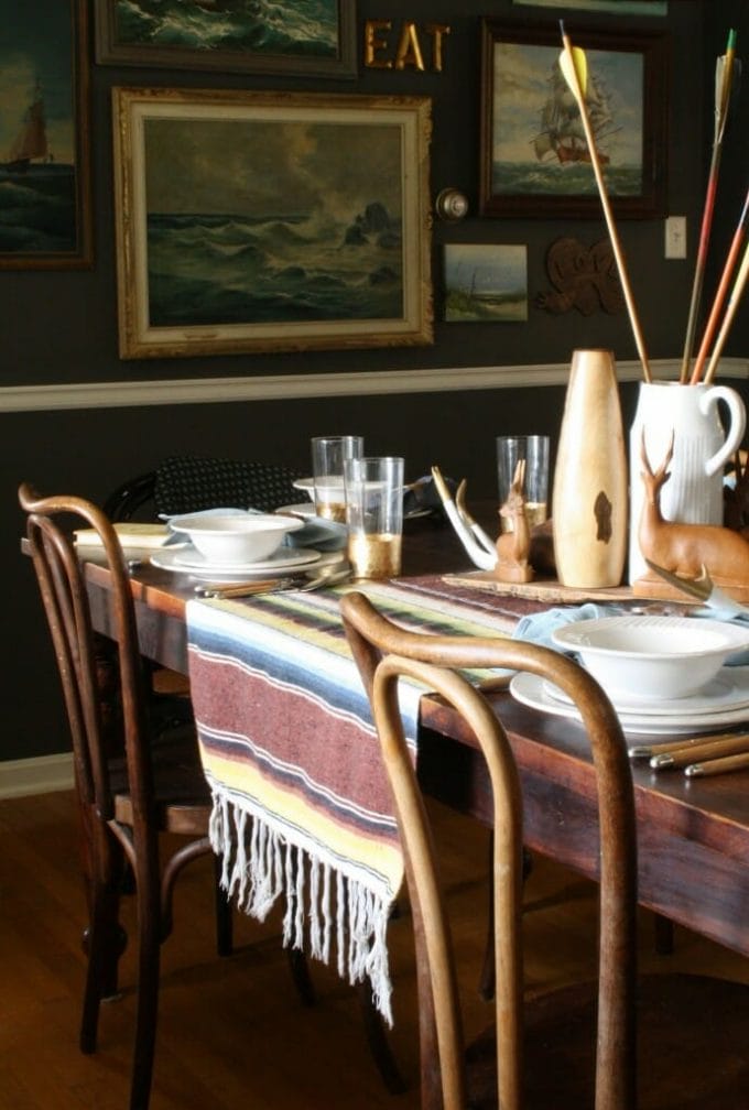 thanksgiving table with mexican blanket and arrows