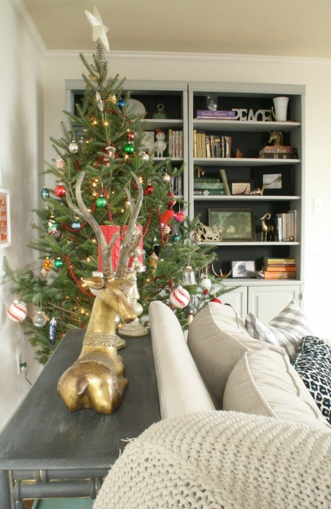 Christmas living room with black backed bookcases