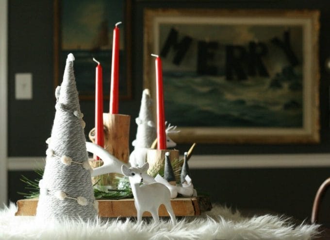 DIY stripped and dipped log candlesticks; winter white rustic and glam centerpiece