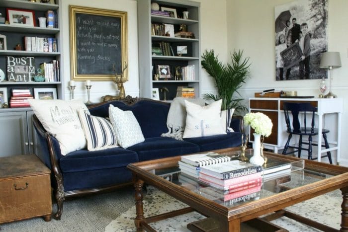 Spring Living Room in Navy, black, white, gold, and wood tones