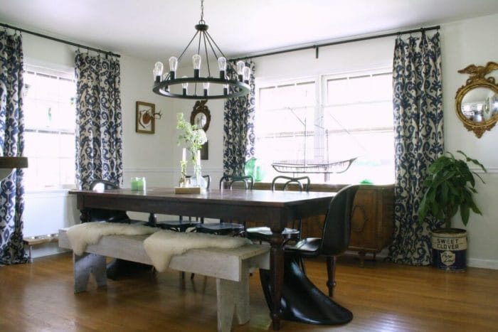 White Vintage Eclectic Dining Room with black and navy, fresh greens