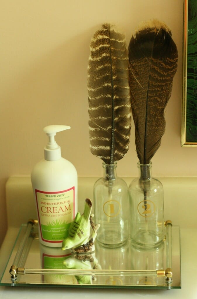 bottles with feathers on vintage lucite tray