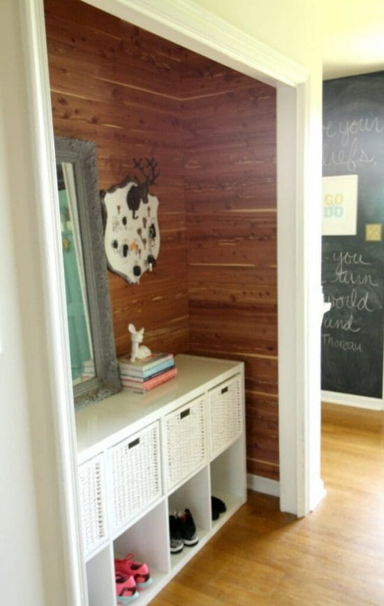 DIY Cedar planked closet mudroom