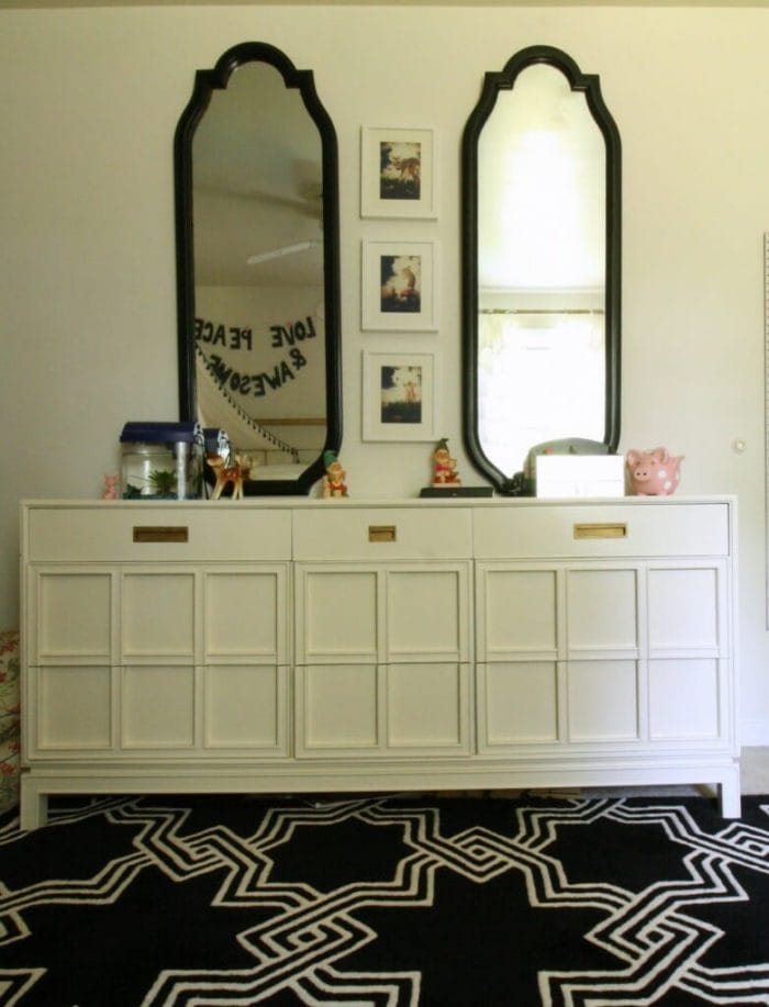 Midcentury Dresser in White with black mirrors