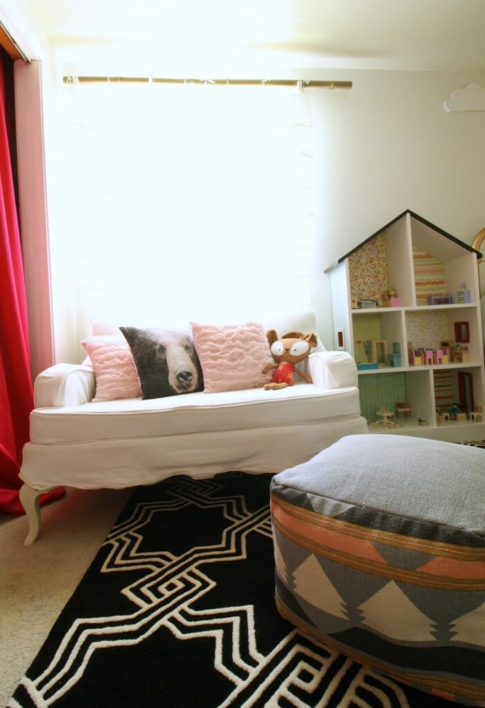 Vintage Slipcovered Settee in black white pink girl's room