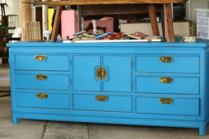blue vintage global dresser with greek key hardware