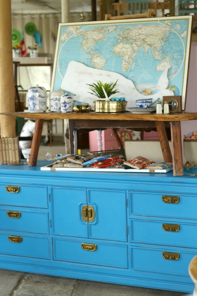 blue vintage dresser with greek key hardware