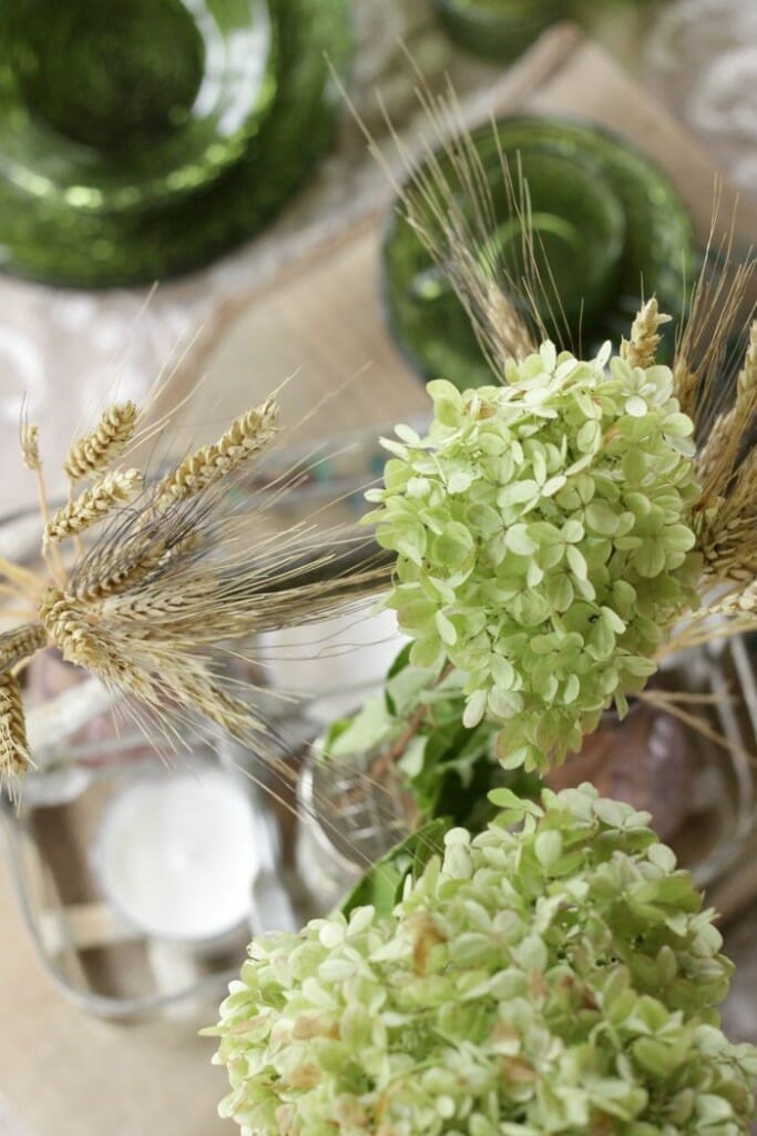 hydrangeas and wheat on Fall table