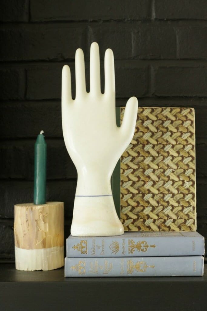 Vintage Glove Form and Books on Eclectic Fall Mantle