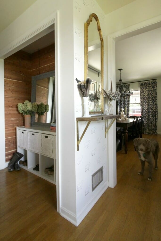 Small Entry Hall with Live Edge Shelf and Cedar Planked Mudroom