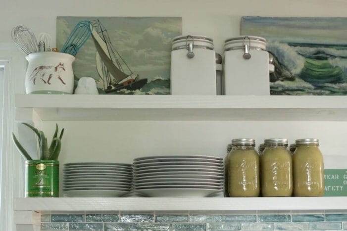 Open Shelving in Kitchen with Applesauce