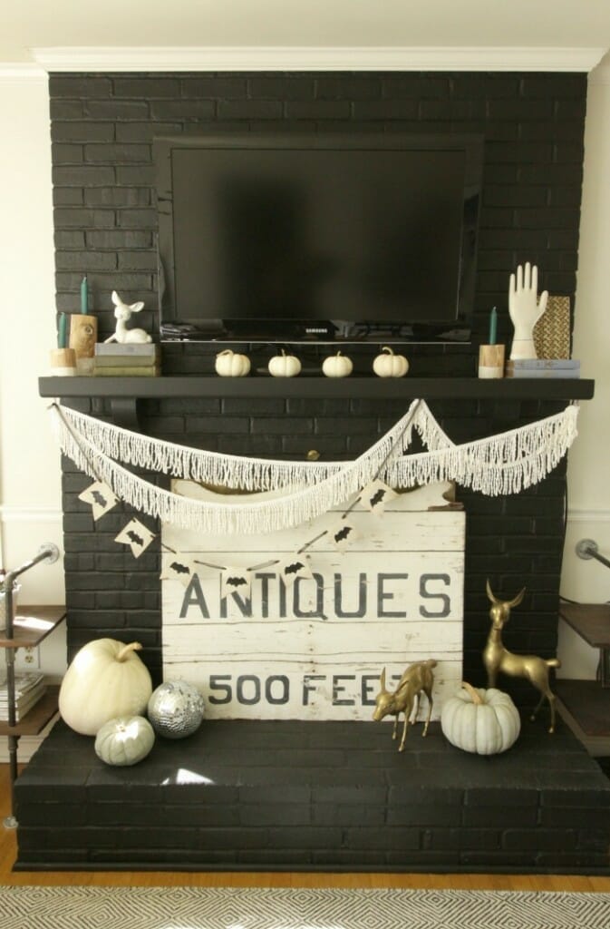 Black and White Fall & Halloween Mantle with bat banner