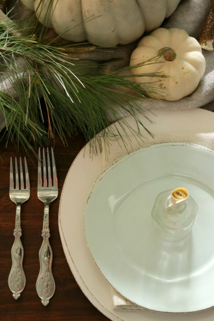 Aqua and White Vietri Dishes- Pine & Pumpkins on Thanksgiving table