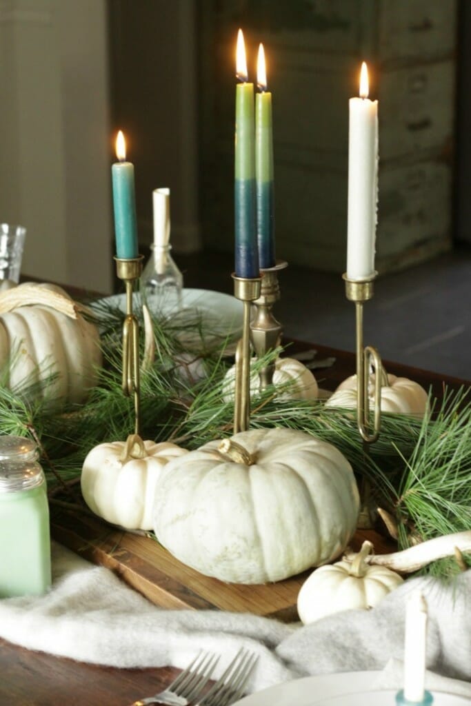 Cutting board, Candlesticks, Pumpkins & Pine as Thanksgiving Centerpiece
