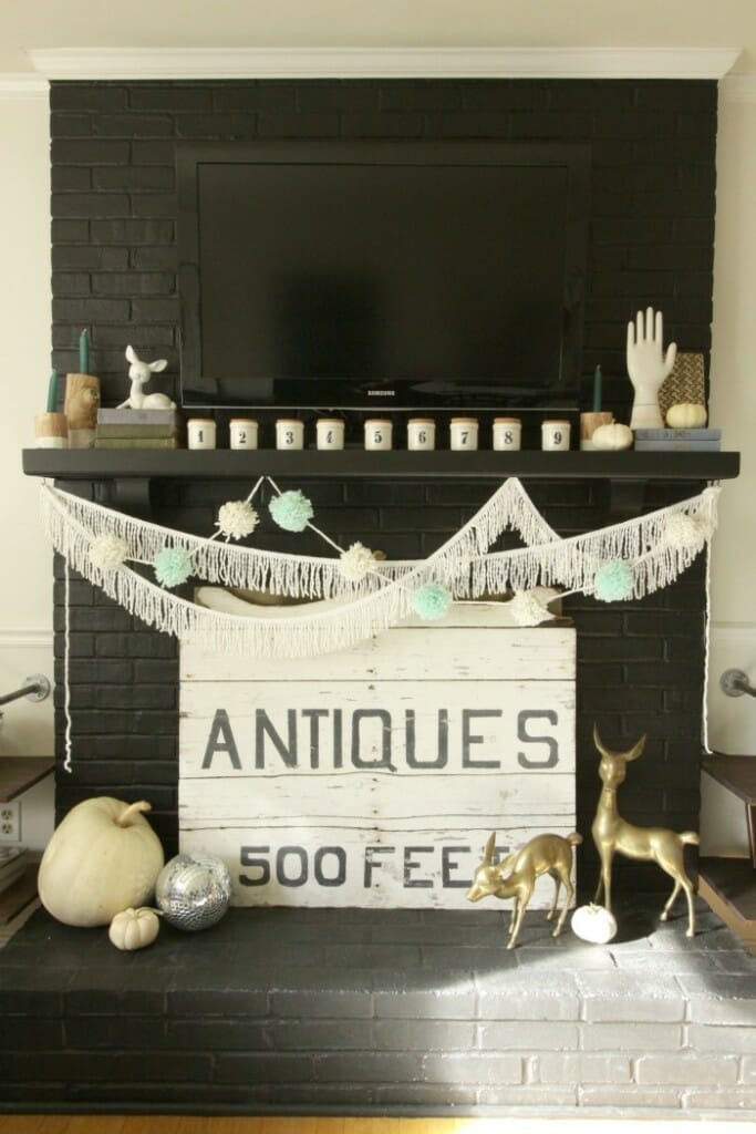 Count Your Blessings Thanksgiving Mantle in Black and White and Aqua with pom poms and tassels