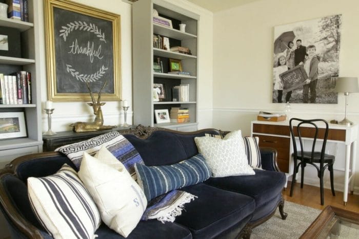 Eclectic Bohemian Living Room in Blue, Black, White