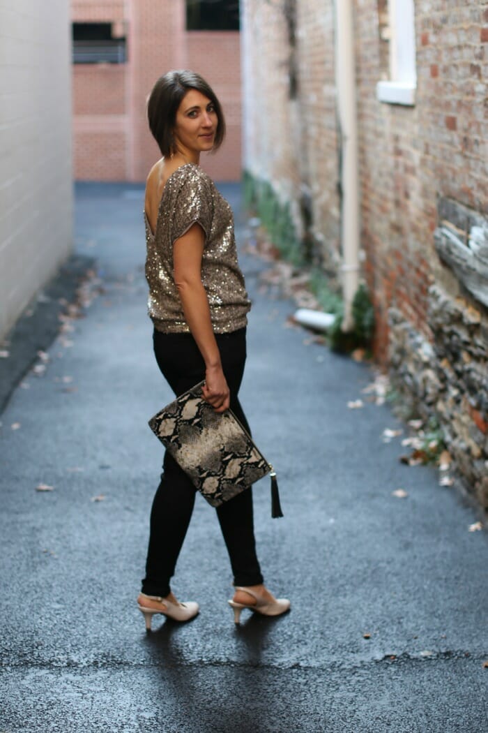 Gold Sequin top with Black Skinnies