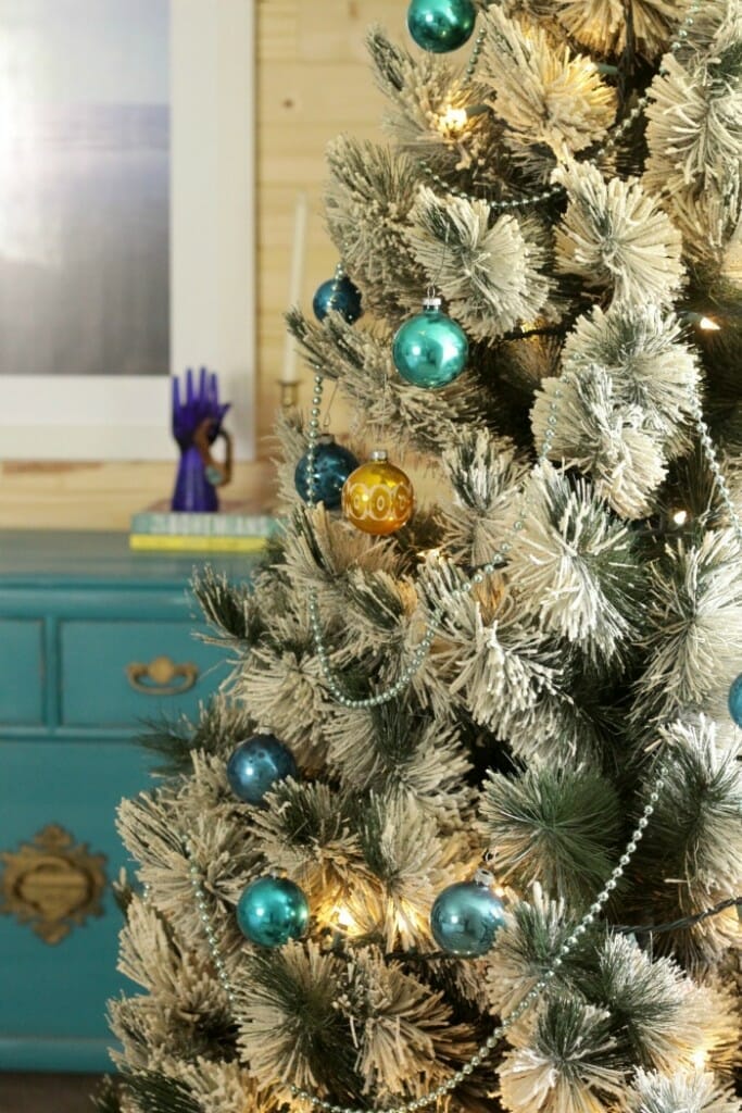 Vintage flocked tree with aqua and gold