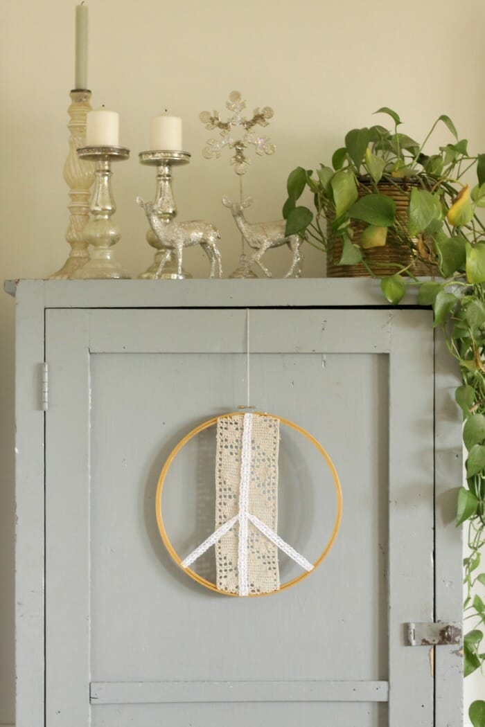 Peace Sign Wreath on Cabinet Door, vintage glitter deer and mercury glass