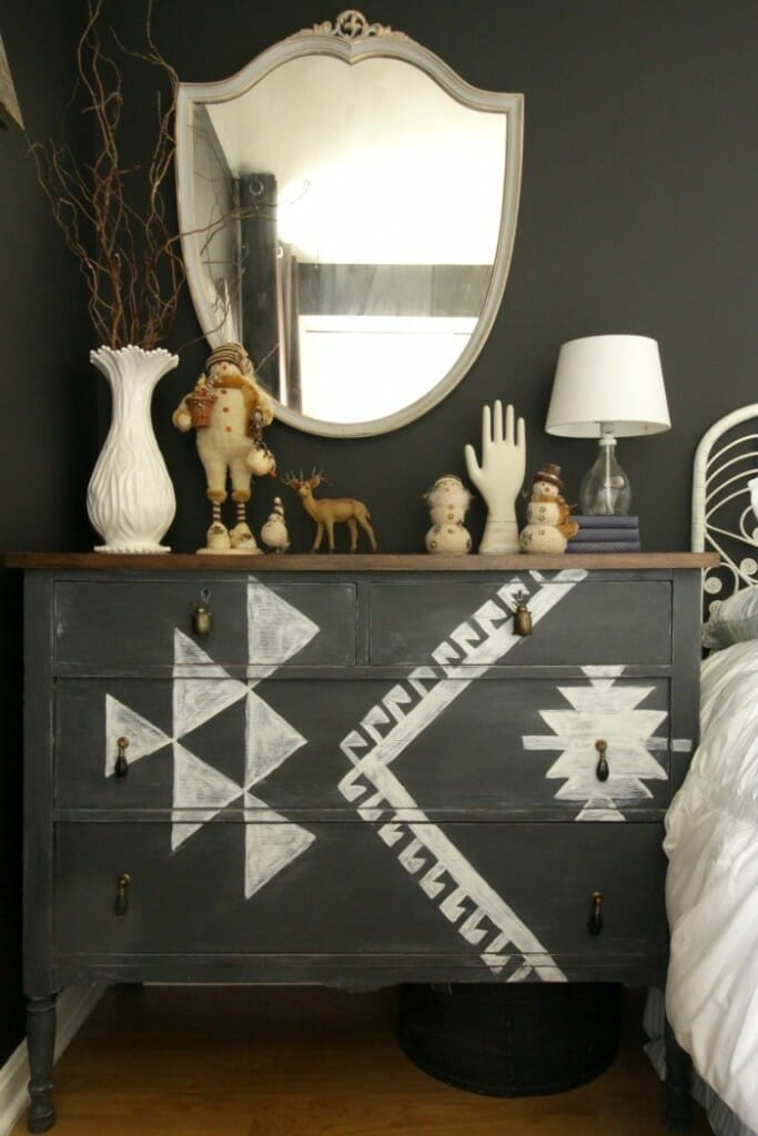 Kilim inspired dresser with vintage snowman decor