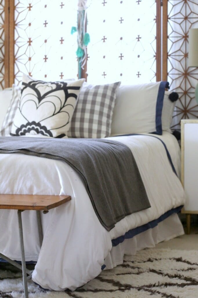 Gray Wool blanket on bed- modern boho chic