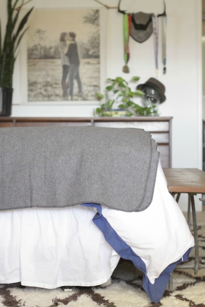 gray wool blanket on bed- modern boho chic