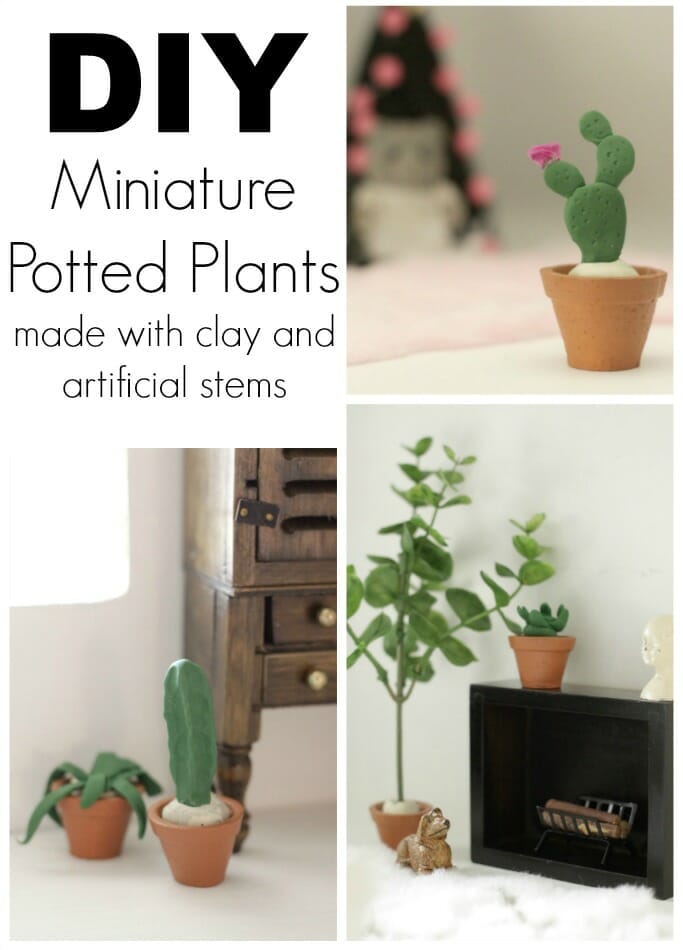 DIY miniature potted plants made with clay and artificial stems