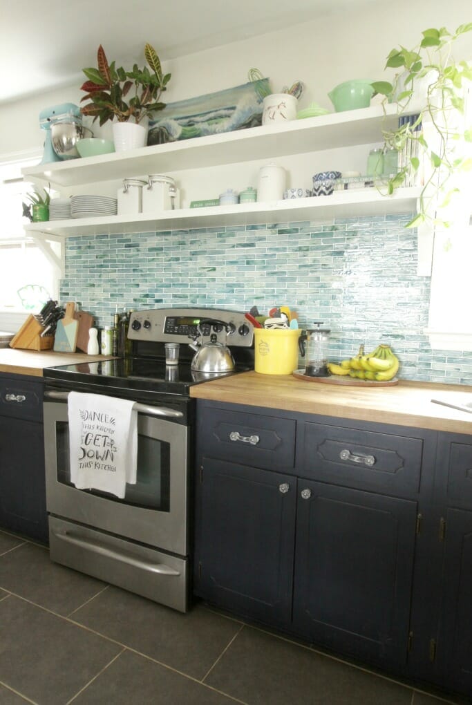 Plants on shelves in blue and green eclectic kitchen