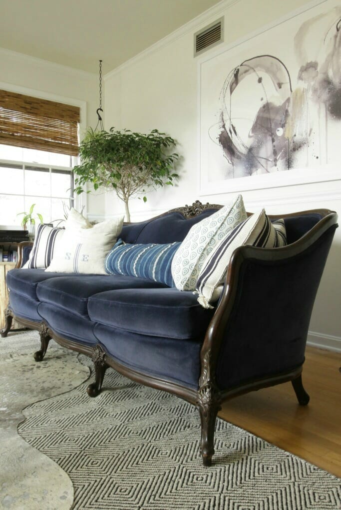 Vintage blue velvet sofa, Modern Art, Greenery Eclectic Living Room