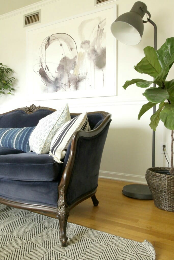 Vintage Blue velvet Sofa, Eclectic Living Room, Modern Art, Fiddle Leaf Fig, Industrial Floor Lamp