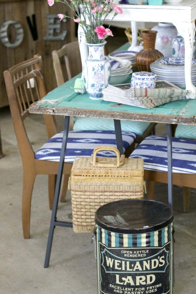 Teal Door table with midcentury chairs in indigo at Sweet Clover