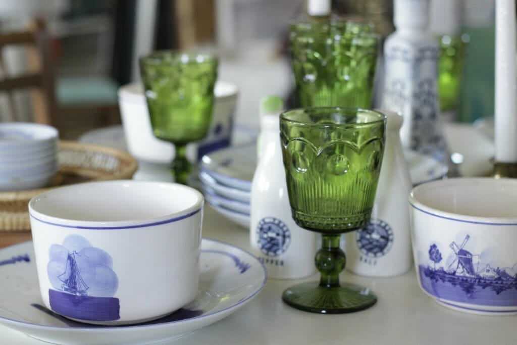 Beautiful Blue and white Holland bows styled with green goblets