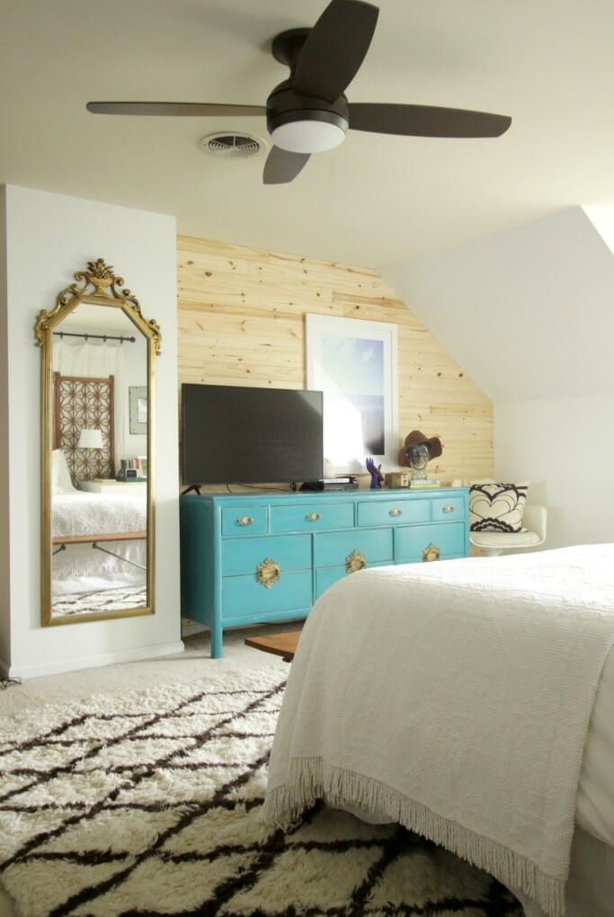 Modern Bohemian Bedroom with Lamps Plus Light/Fan combo