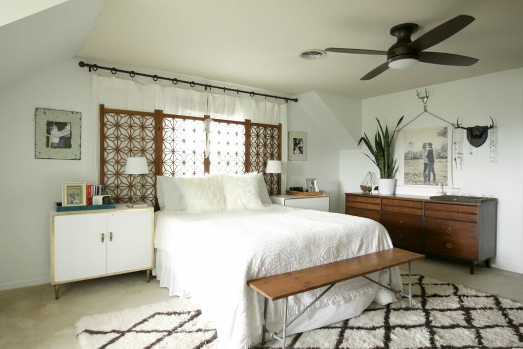 Modern Bohemian Bedroom with Lamps Plus Ceiling Light/Fan