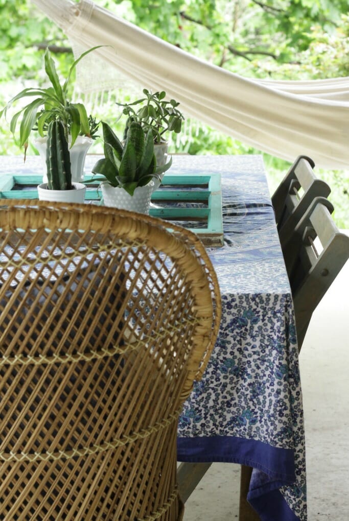 boho porch in blues and greens