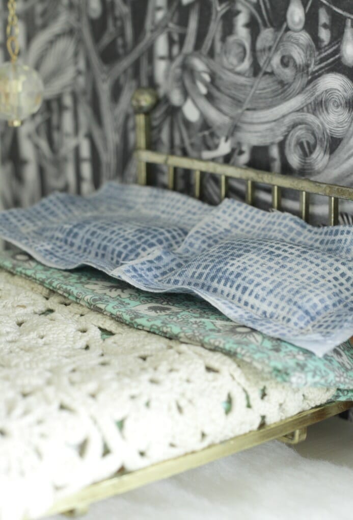 Dollhouse Shibori Style bedding and doily as coverlet