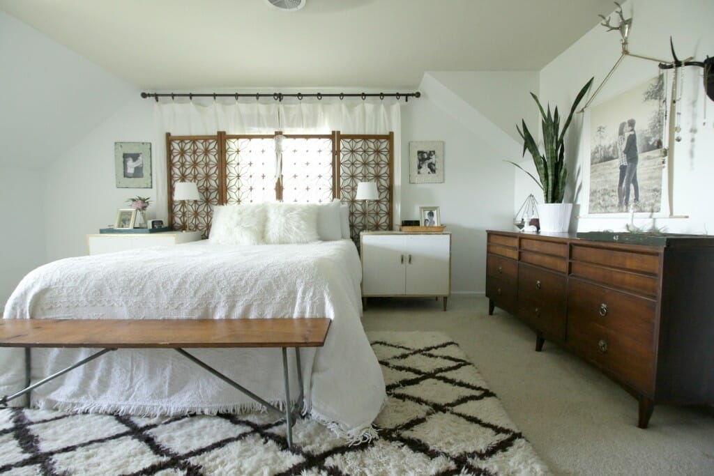 Eclectic Modern Boho Master Bedroom in White, Wood, Gold
